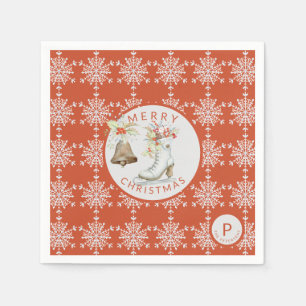 Red Gray Snowflakes Weihnachtseis Skate Monogram Serviette