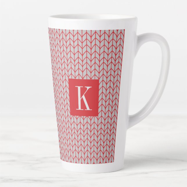 RED GRAY STRICK Tall Latte Tasse + Initial II (Rechts)