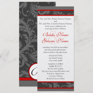 Red Gray White 9x4 Damask Swirl Wedding Einladung