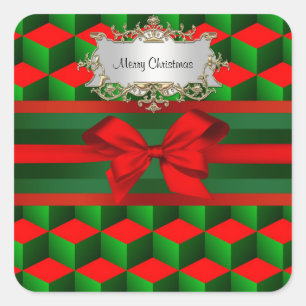 Red & Green 3D Look Cubes Ribbon Weihnachten Quadratischer Aufkleber