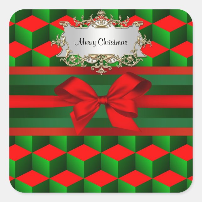 Red & Green 3D Look Cubes Ribbon Weihnachten Quadratischer Aufkleber (Vorderseite)