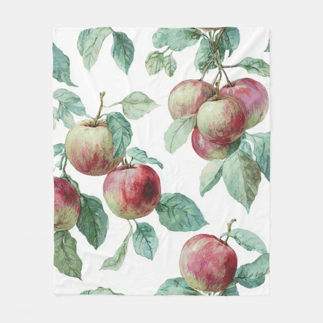 Red Green Apfel Frucht Muster Wasserfarbe Rustikal Fleecedecke (Vorderseite)