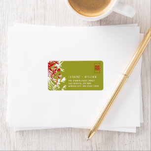 Red & Green Bamboo Blätter Chinesische Hochzeitsad Adressaufkleber