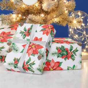 Red Green Berries Poinsettia Floral Weihnachten Geschenkpapier