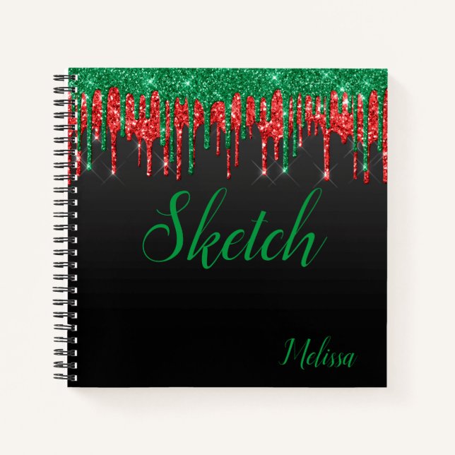 Red Green Black Glitzer Monogram Sketchbook Editor Notizbuch (Vorderseite)