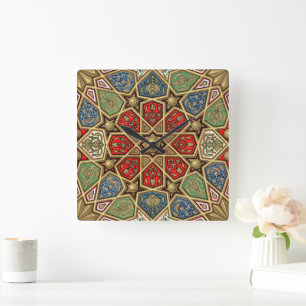 Red Green Blue Imitate Gold Arabic Art Patches Quadratische Wanduhr