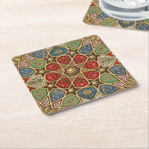 Red Green Blue Imitate Gold Arabic Art Patches Rechteckiger Pappuntersetzer