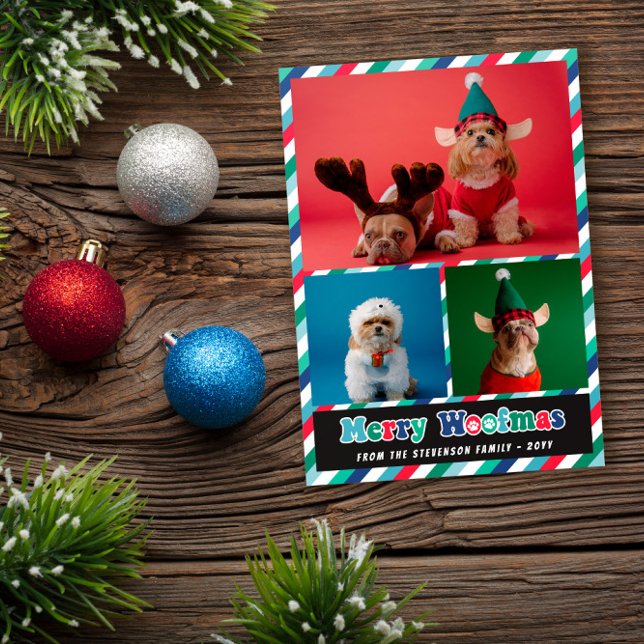 Red Green Blue Retro Merry Woofmas FotoCollage Feiertagskarte (Von Creator hochgeladen)