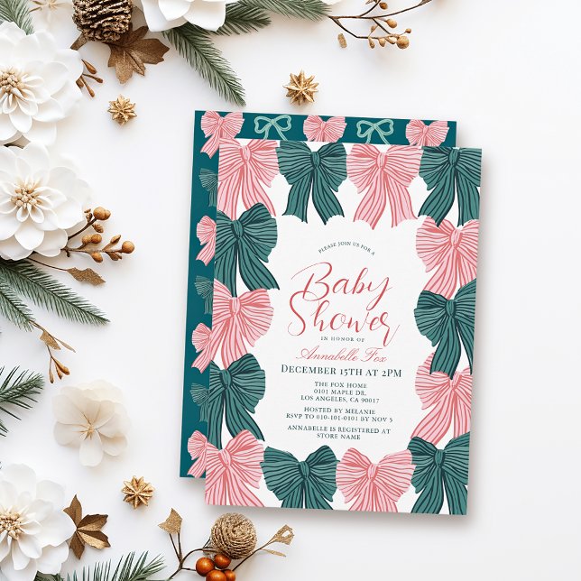 Red & Green Bow/Ribbon Coquette Babydusche Einladung (Von Creator hochgeladen)