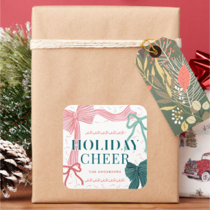 Red & Green Bows Holiday Chefin Weihnachtsfeiertag Quadratischer Aufkleber