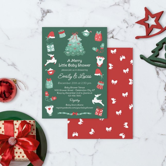 Red Green Bows Merry Little Christmas Baby Shower Einladung (Von Creator hochgeladen)