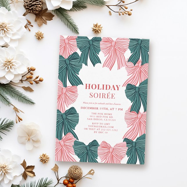 Red & Green Bows Weihnachtsfeiertag Soirée Einladung (Von Creator hochgeladen)