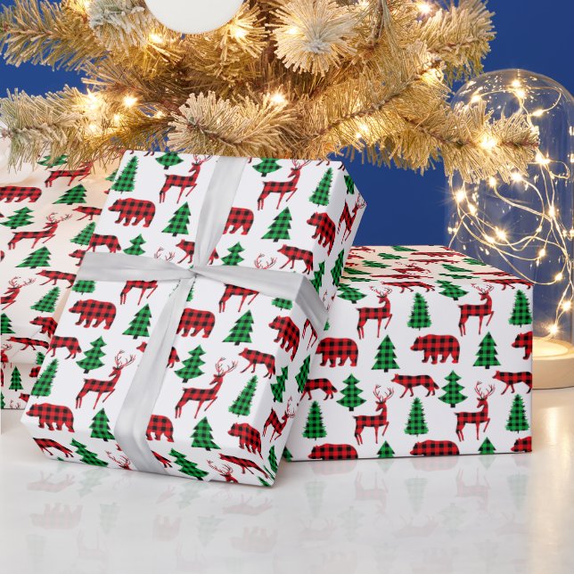 Red Green Buffalo Kariert Bears Wolves Deer Xmas Geschenkpapier (Feiertage)