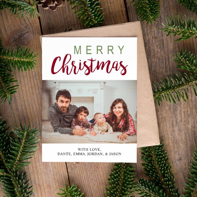 Red Green Calligraphy Frohe Weihnachtsfamilie Foto Magnetkarte (Von Creator hochgeladen)