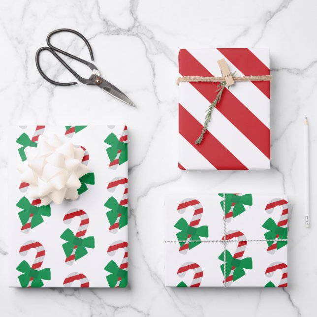 Red & Green Candy Cane Weihnachtswrapping Paper Geschenkpapier Set (Vorderseite)
