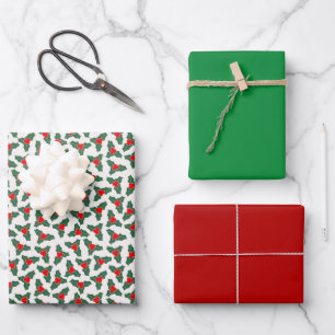 Red & Green Christmas Holly koordiniert Geschenkpapier Set
