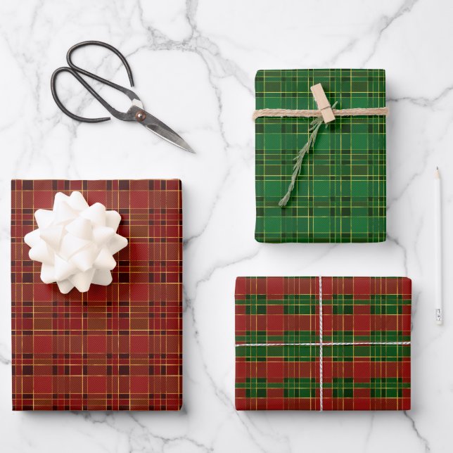 Red Green Christmas Kariert Wrapping Paper Set 3 Geschenkpapier Set (Vorderseite)