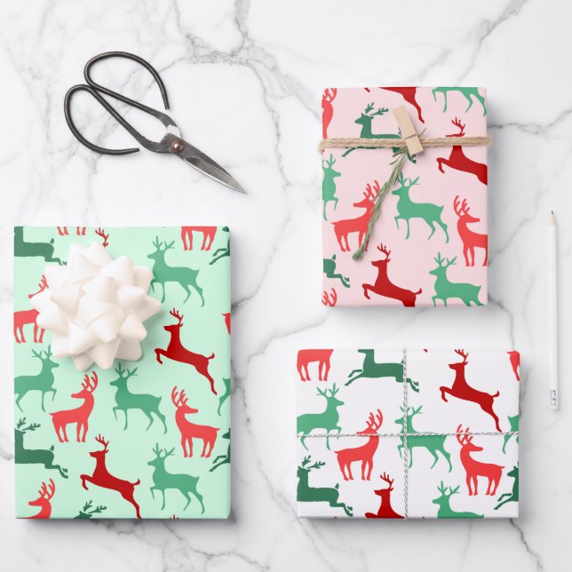 Red Green Christmas Rentier Silhouette Pattern Geschenkpapier Set (Vorderseite)