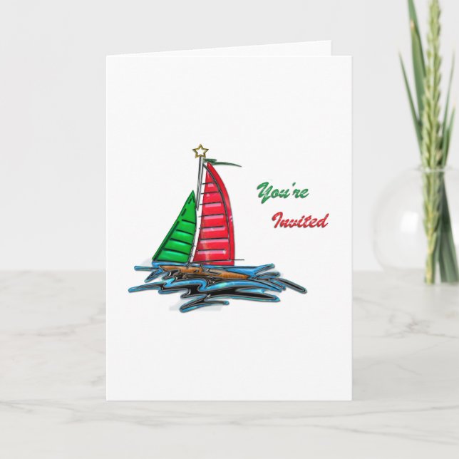 Red & Green Christmas Sailboat Feiertagskarte (Vorderseite)