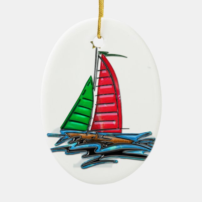 Red & Green Christmas Sailboat Keramik Ornament (Vorne)