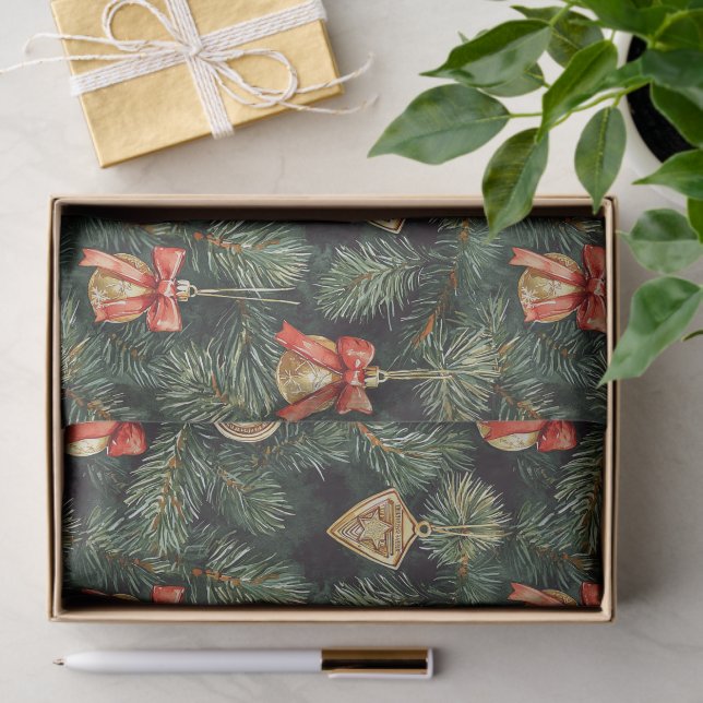 Red Green Christmas Trees Gold Ornaments Seidenpapier (Geschenk)