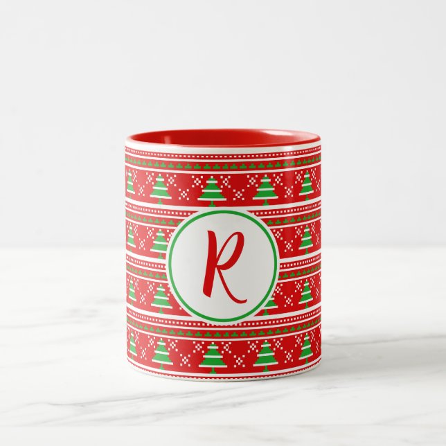 Red Green Christmas Trees Monogram Zweifarbige Tasse (Mittel)