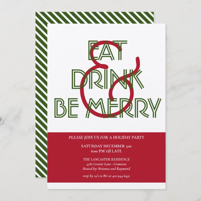 Red & Green Eat Drink & Be Frohe Weihnachten Party Einladung (Vorne/Hinten)