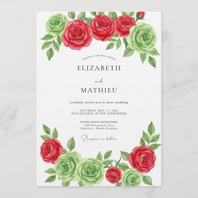 Red Green Floral Bloom Wedding Einladung (Vorderseite)