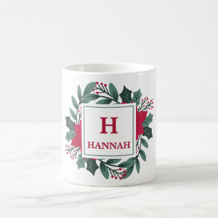 Red Green Floral Elegante Monogram Name Christmas Kaffeetasse