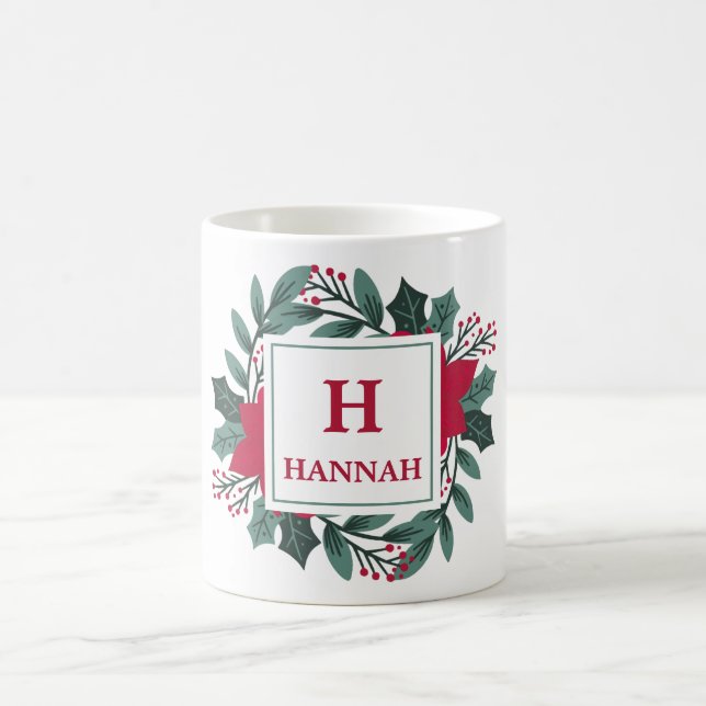 Red Green Floral Elegante Monogram Name Christmas Kaffeetasse (Mittel)