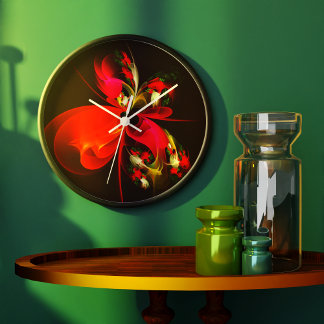 Red Green Floral Modern Abstrakt Art Pattern #02 Große Wanduhr