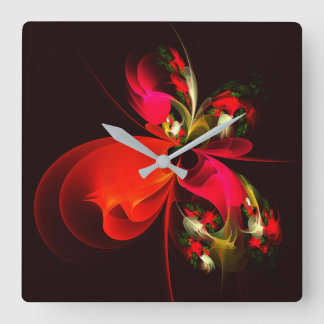 Red Green Floral Modern Abstrakt Art Pattern #02 Quadratische Wanduhr