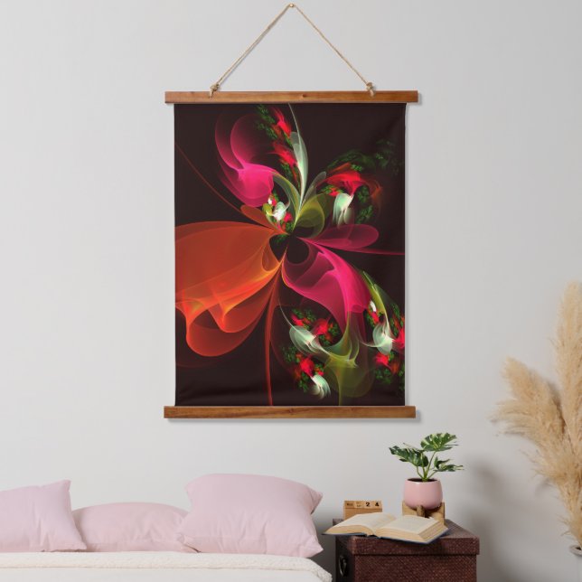 Red Green Floral Modern Abstrakt Art Pattern #02 Wandteppich Mit Holzrahmen (Schlafzimmer)