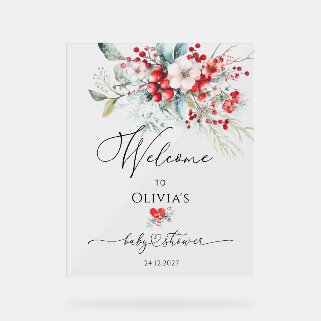 Red Green Floral Winter Baby Dusche Willkommen Acrylschild (Vorderseite)