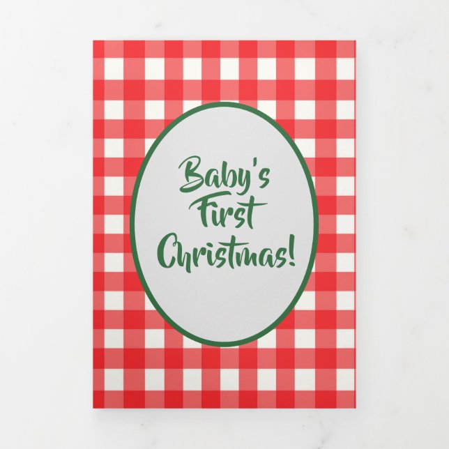 Red & Green Gingham Foto Baby's First Christmas Dreifach Gefaltete Urlaubskarte (Cover)