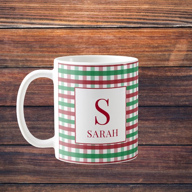 Red & Green Gingham Plaid Monogram Name Kaffeetasse (Red & Green Gingham Plaid Monogram Name Coffee Mug
)