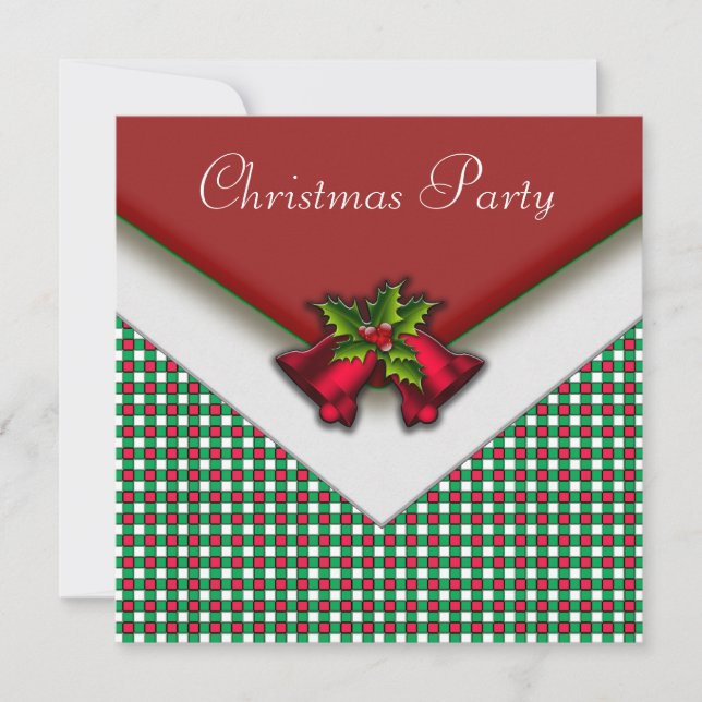 Red Green Gingham Red Bells Holly Christmas Party Einladung (Vorderseite)