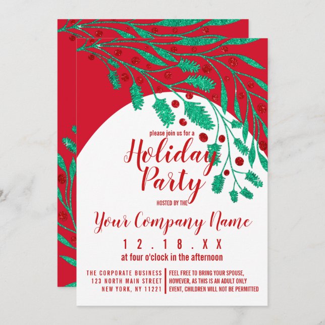 Red Green Glitzer Holly and Ivy Corporate Holiday Einladung (Vorne/Hinten)