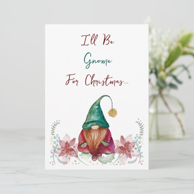 Red Green Gnome Holly Berry Poinsettia Aquarell Einladung (Stehend Vorderseite)