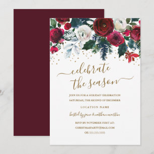 Red Green Gold Burgundy Blumenweihnachtsfest Party Einladung