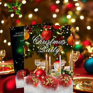 Red Green Gold Holly Baubles Christmas Party Einladung