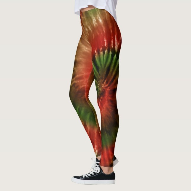 Red Green & Gold Psychedelic Gefärbte Krawatte Wei Leggings (Links)