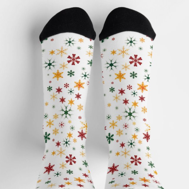 Red Green Gold Retro Snowflake Weihnachtsmuster Socken (Oben)