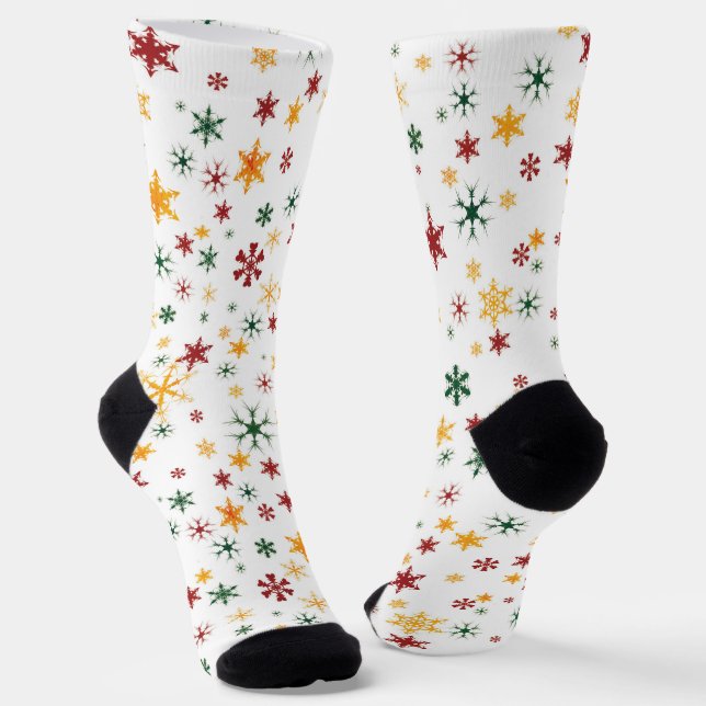 Red Green Gold Retro Snowflake Weihnachtsmuster Socken (Gewinkelt)