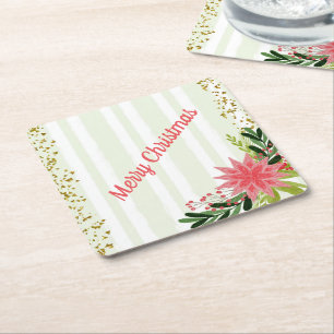 Red Green Gold Sparkle Poinsettia Weihnachten Rechteckiger Pappuntersetzer