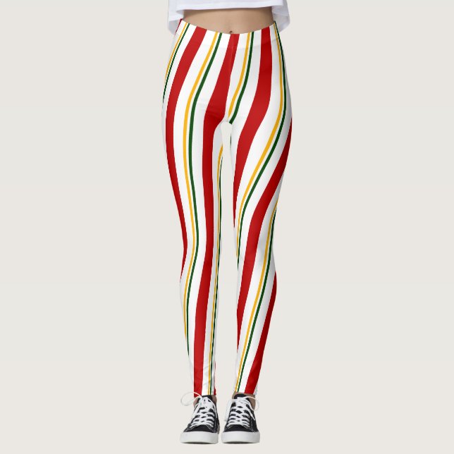 Red Green Gold White Candy Cane Strip Weihnachten Leggings (Vorderseite)
