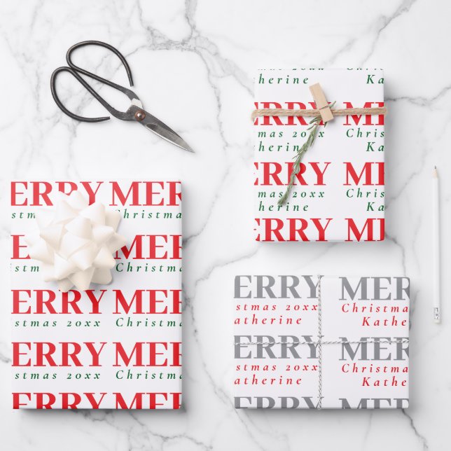 Red green gray Christmas name modern holiday style Geschenkpapier Set (Vorderseite)