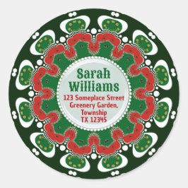Red Green Holiday Mandala w/ Custom Text Name Addr Runder Aufkleber