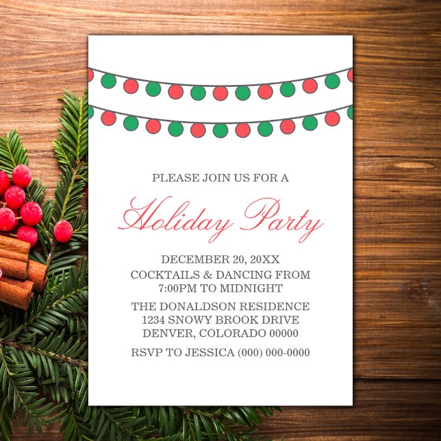 Red Green Holiday String Lights Party laden ein Einladung (Red and Green Holiday String Lights Christmas Party Invite)