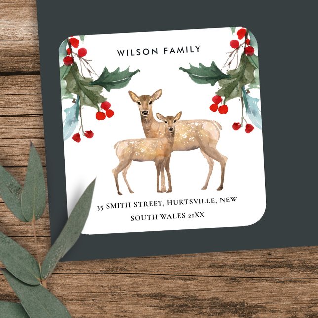 RED GREEN HOLLY BERRY DEER DUO NEW YEAR ADRESSE QUADRATISCHER AUFKLEBER (Von Creator hochgeladen)